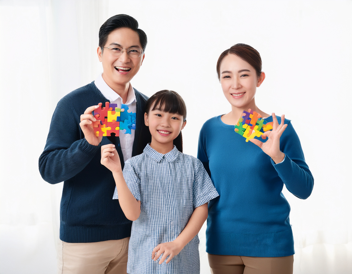 자폐 스팩트럼 장애 아이와 부모 사진