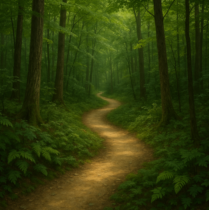 충북 괴산 둔율올갱이마을의 숲속의 오솔길 모습