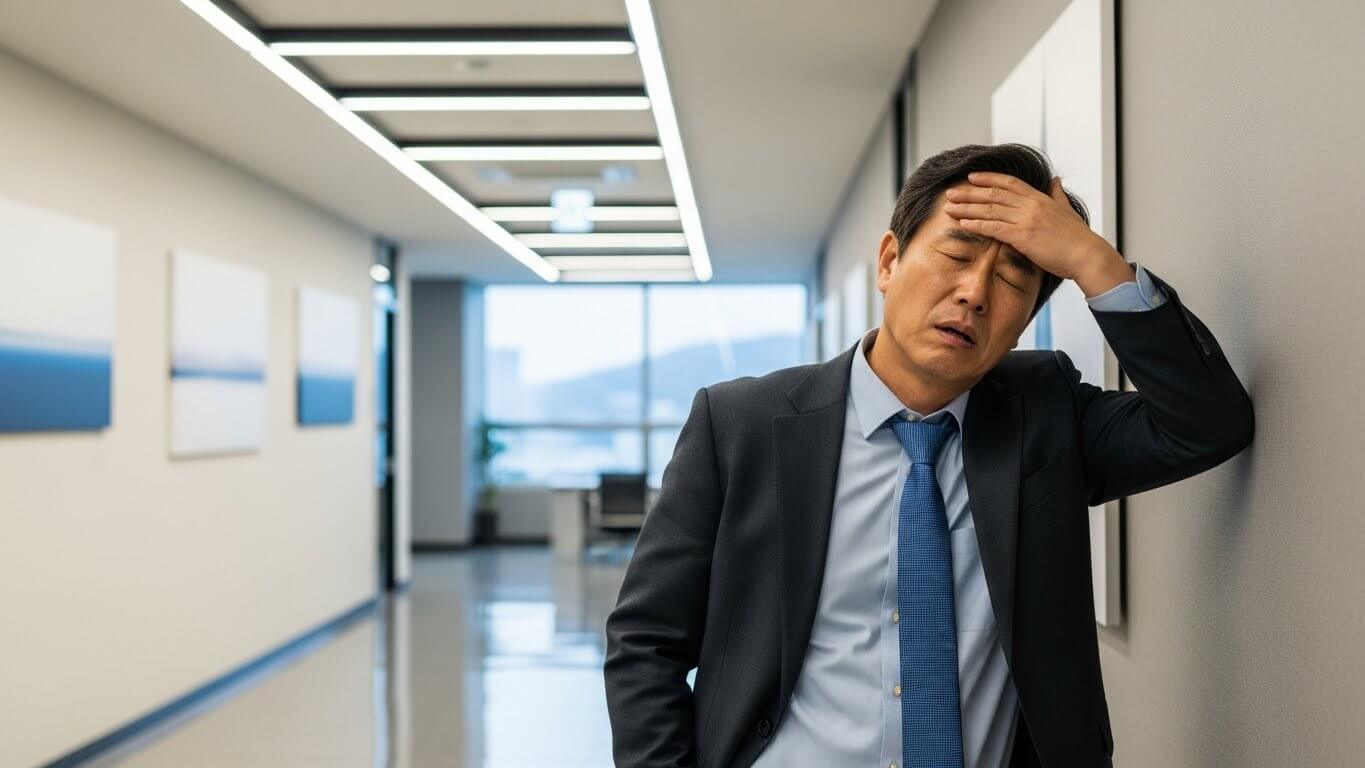 업무 중 어지러움을 느끼는 중년의 모습