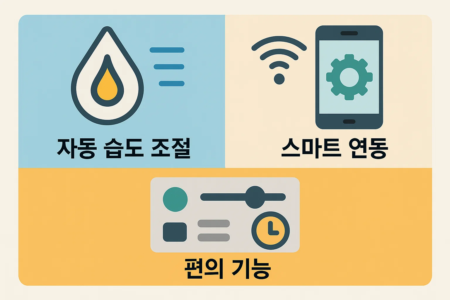 자동 습도 조절, 스마트폰 연동, 타이머 등 대용량 가습기의 주요 편의 기능을 아이콘 중심으로 정리한 인포그래픽.