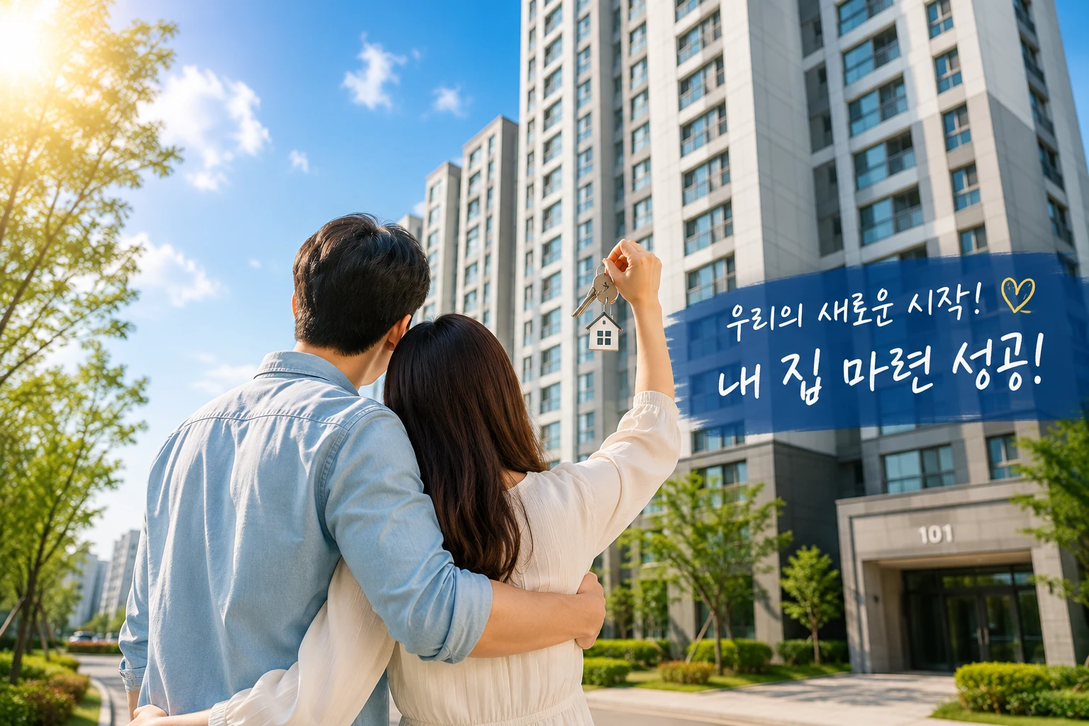 신혼부부가 새 아파트 앞에서 집 열쇠를 들고 내 집 마련을 기뻐하는 모습