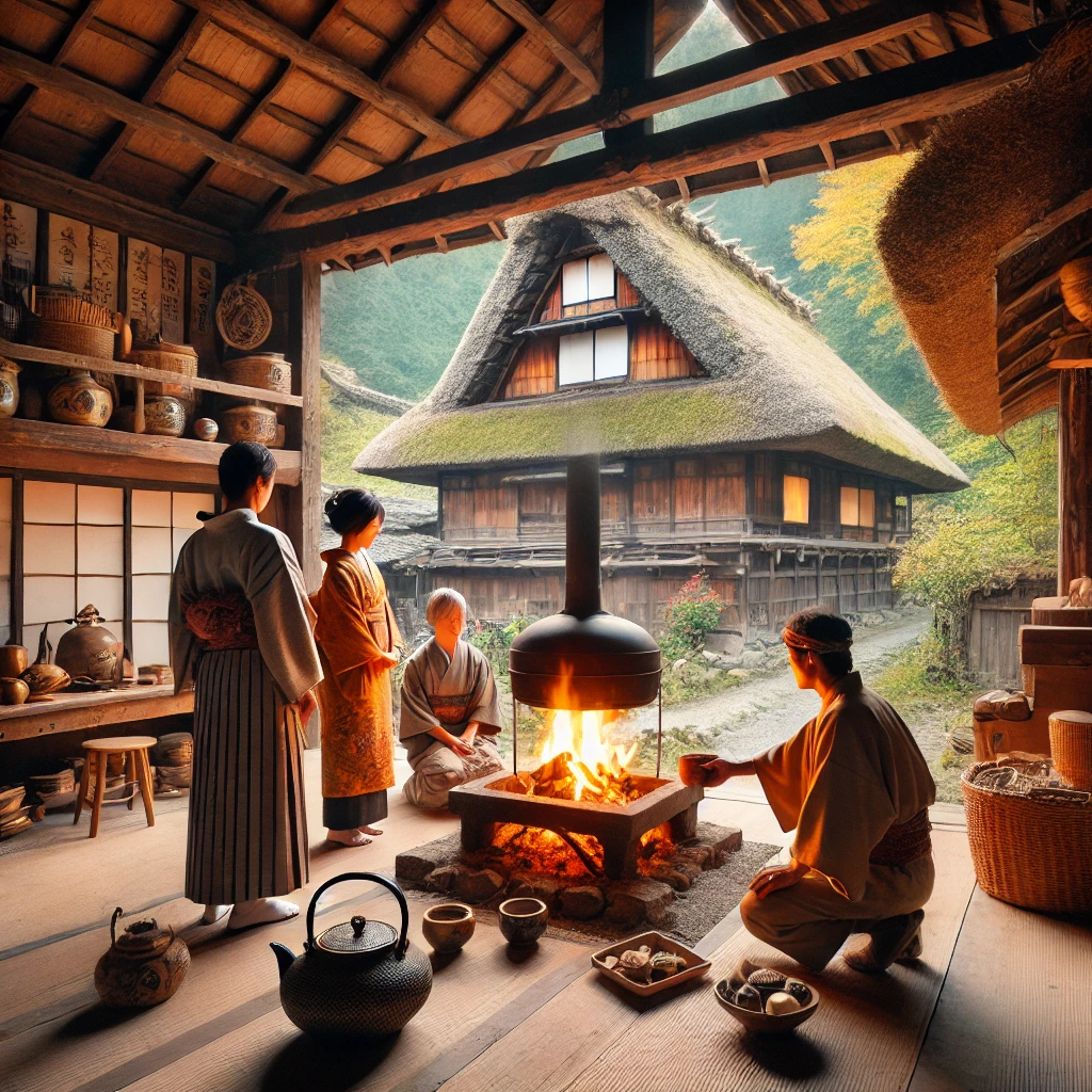 시라카와고 전통 가옥에서 일본 전통 의상을 입고 이로리 화로를 체험하는 장면을 보여주는 썸네일 이미지