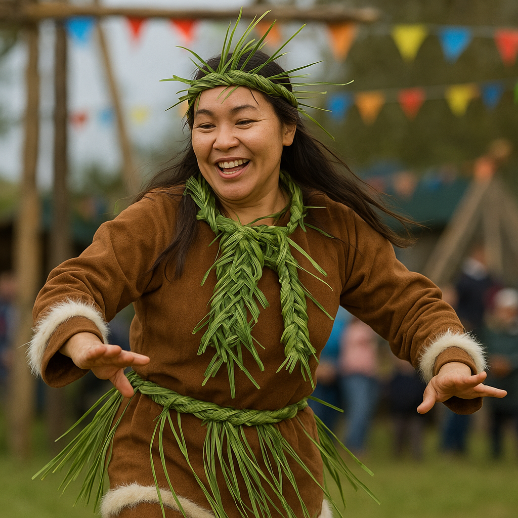 코랴크인 여성이 전통적인 순록 가죽 옷을 입고 밝게 웃고 있는 모습