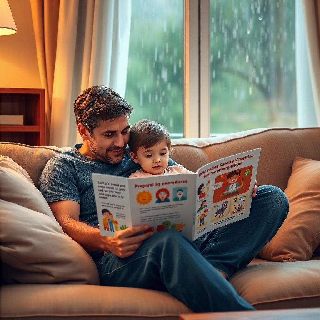 성인이 아이와 함께 앉아 비상 시 행동 요령 그림책을 보거나 대화하는 장면입니다. 따뜻하고 부드러운 색감으로 가족의 안전을 위한 준비와 교육의 중요성을 나타냅니다.