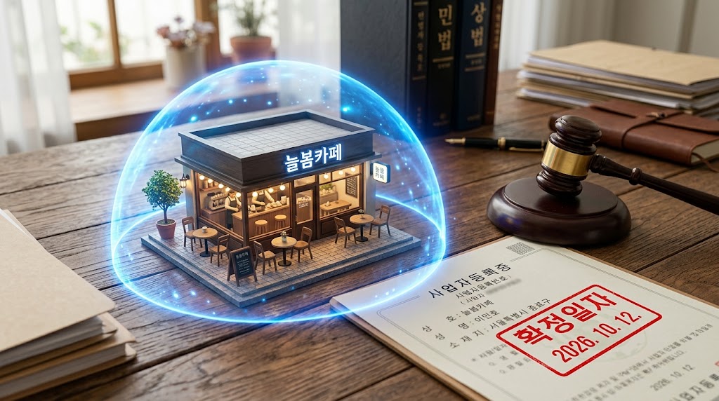 상가 경매 시 임차인의 보증금을 지켜주는 상가건물 임대차보호법의 대항력 요건인 사업자등록과 세무서 확정일자를 설명하는 이미지