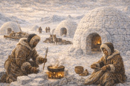 극지방에서 이글루 주거를 중심으로 생활하는 고대 이누이트 사회의 생존 기술을 표현한 이미지