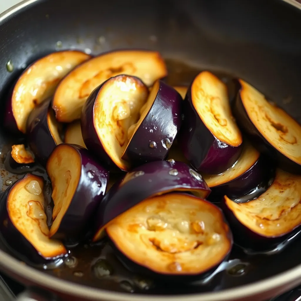 기름을 두른 팬에 가지가 올려져 볶아지는 모습입니다. 가지가 익으면서 색깔이 변하고 부드러워지는 과정이 포착되어, 요리의 생동감을 느끼게 합니다.