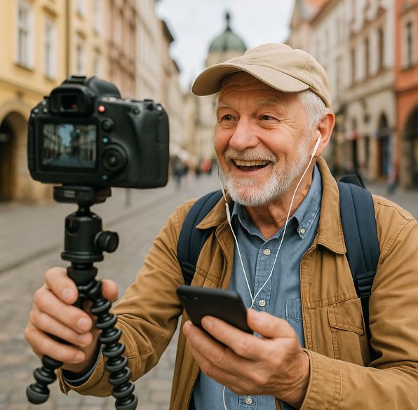 노인이 취미로 사진을 찍고 있다.
