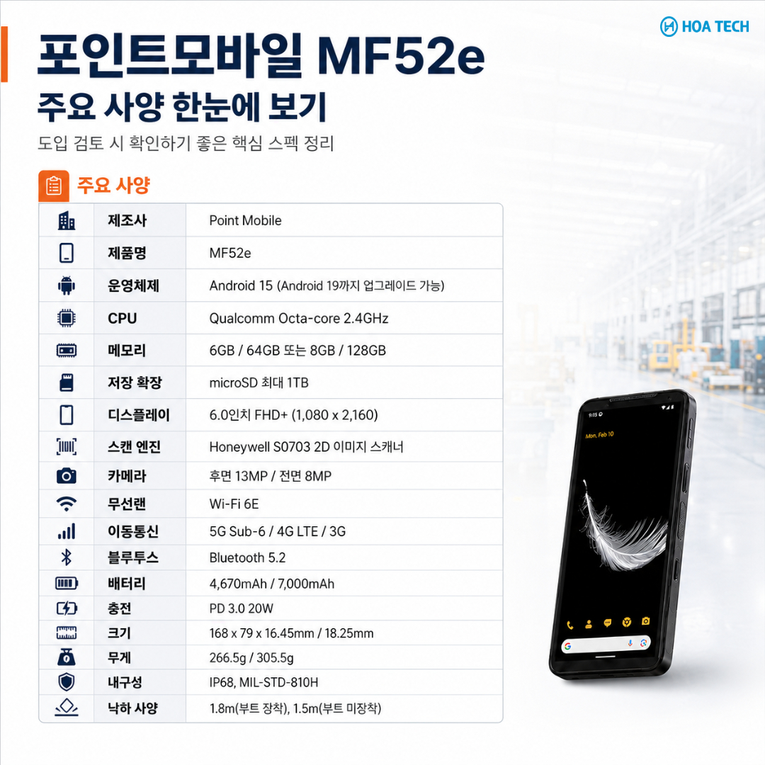 포인트모바일 MF52e, MF52e, 산업용 PDA, 안드로이드 PDA, 바코드 PDA, 물류 PDA, 창고관리 PDA, WMS PDA, 모바일 컴퓨터, 2D 바코드 스캐너