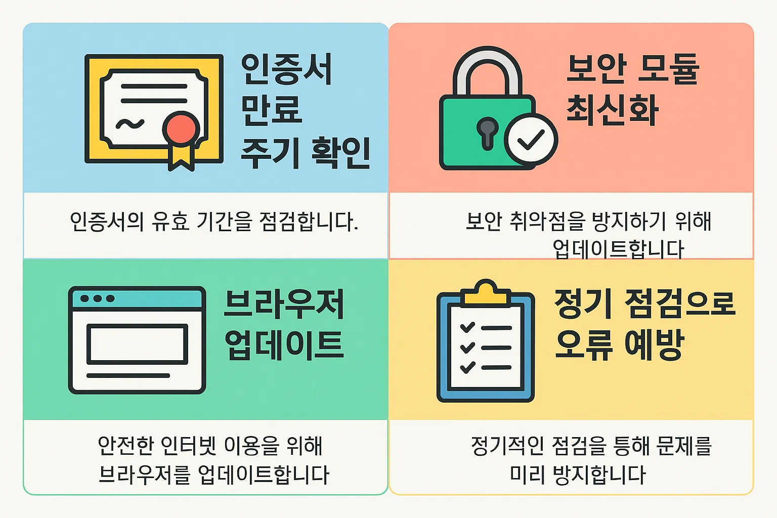 인증서 만료 주기 확인, 보안 모듈 최신화, 브라우저 업데이트, 정기 점검 등 기업은행 인터넷뱅킹 오류를 사전에 예방하기 위한 점검 리스트를 정리했습니다.