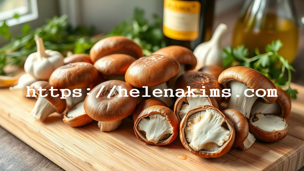 싱싱한 생 표고버섯이 나무 도마 위에 있는 모습.