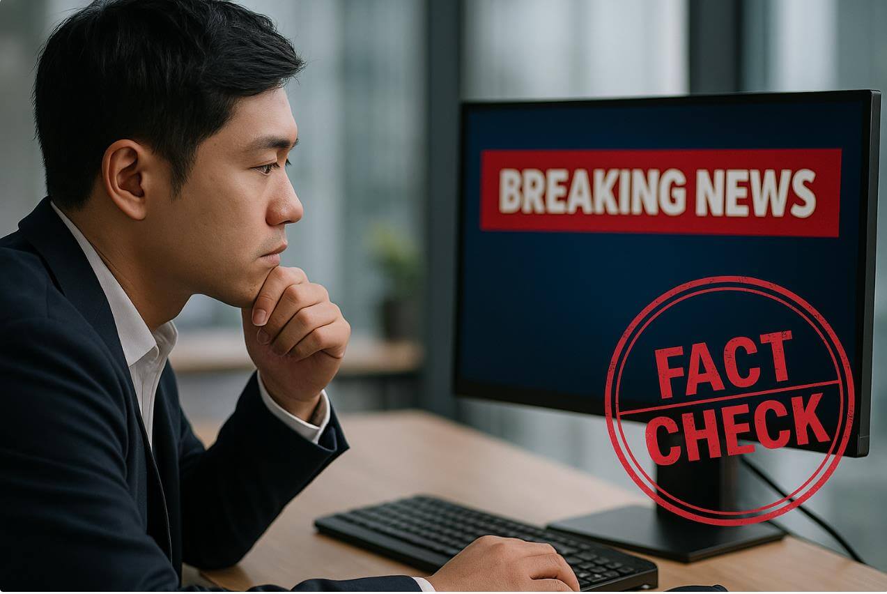 남성이 컴퓨터 화면의 속보 뉴스를 주의 깊게 팩트체크하는 모습.
