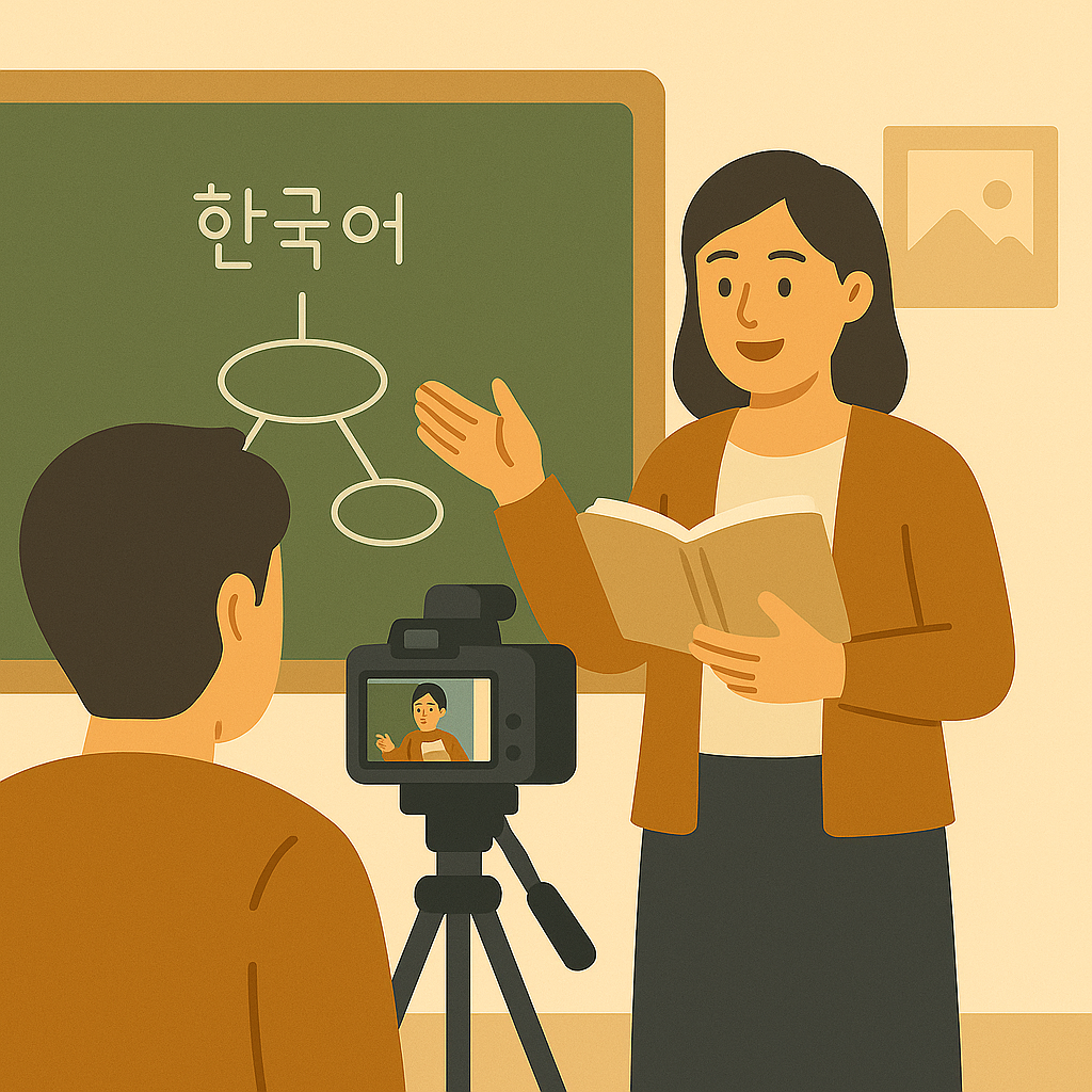 강사가 칠판 앞에서 한국어 문법 개념을 설명하며 온라인 모의수업을 진행하고, 앞쪽에 위치한 카메라 앞에서 촬영자가 강의 영상을 촬영하고 있는 모습을 평면적인 일러스트 스타일로 묘사한 그림입니다.