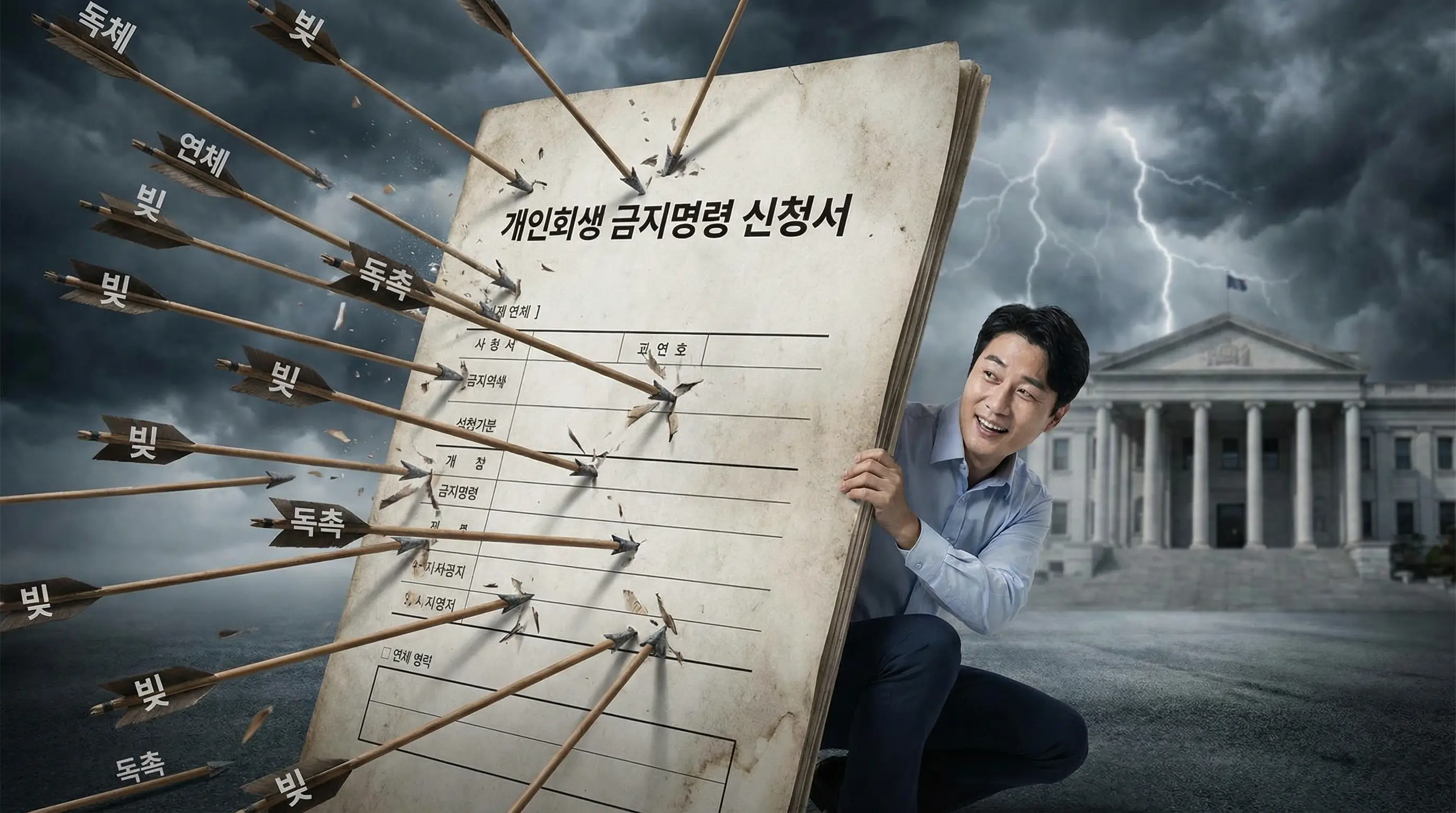 개인회생 금지명령 신청서를 통해 쏟아지는 빚 독촉 화살을 막아내는 방패 이미지