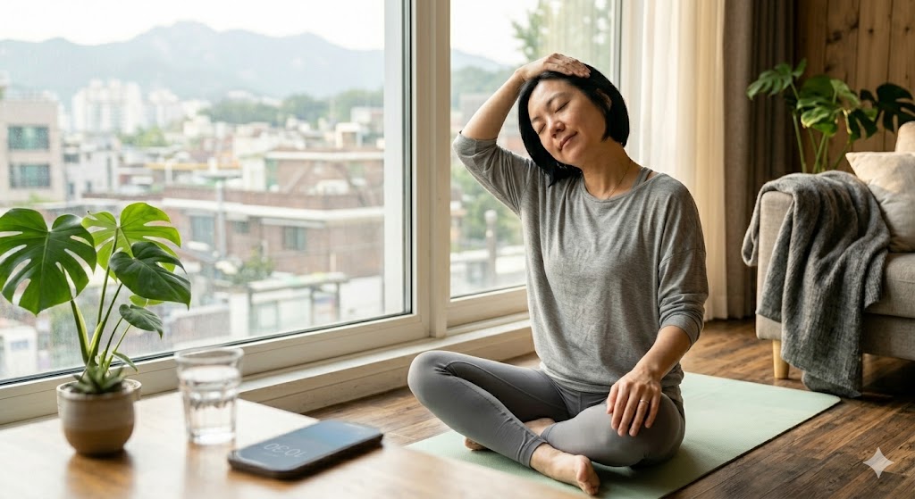 스마트폰 사용으로 인한 거북목 통증을 완화하기 위해 집에서 목과 어깨를 시원하게 스트레칭하는 모습