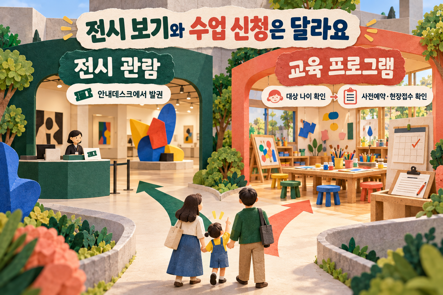 전시 관람 현장 발권과 교육 프로그램별 나이·접수 방법을 구분한 그림