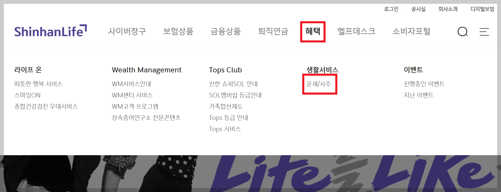 신한생명 무료운세 홈페이지 사진