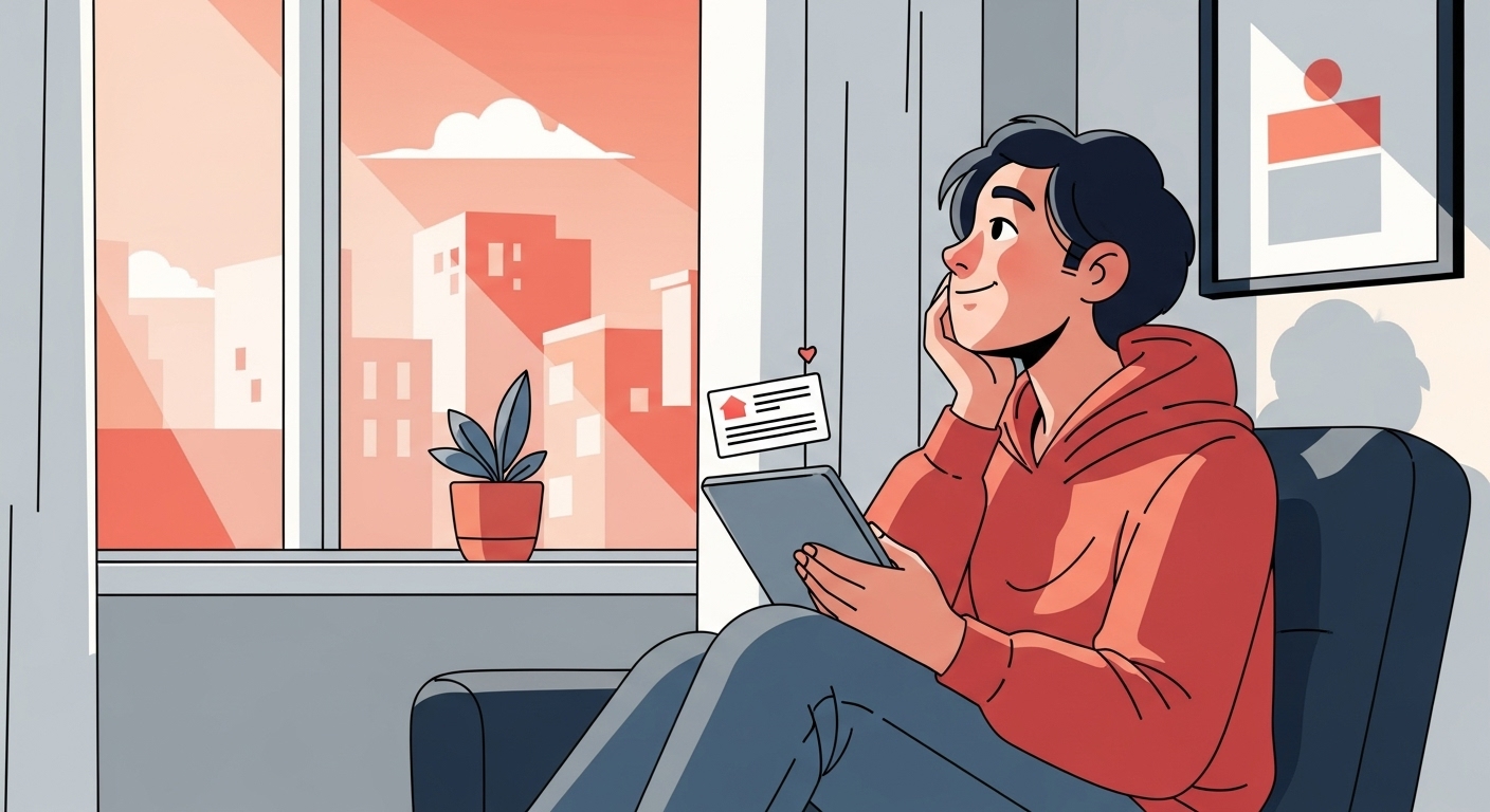 창밖을 보며 편안하게 미소 짓는 청년의 모습. 햇살 가득한 아파트에서 태블릿을 들고 있으며, 안정된 주거 환경과 청년 주거급여 혜택을 상징합니다.