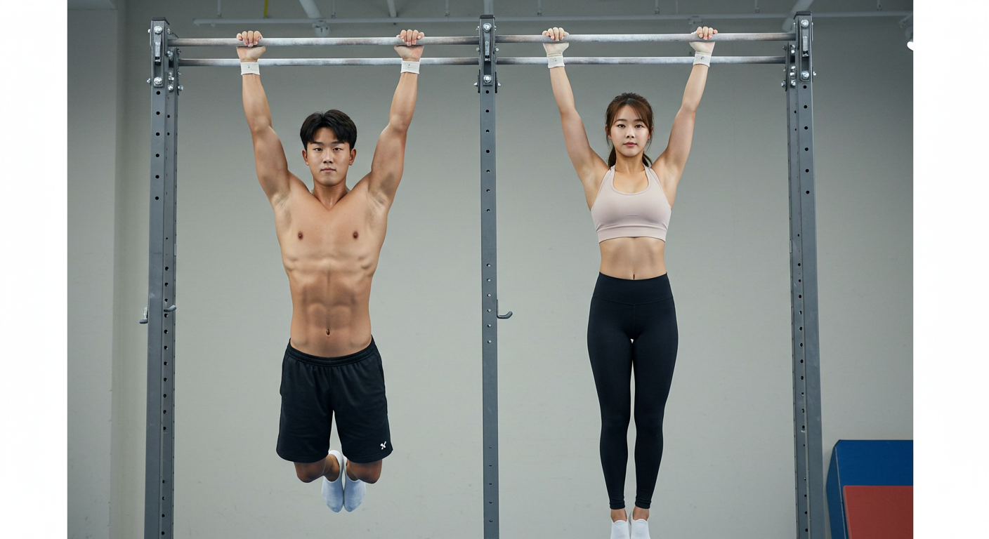 철봉에 올바른 자세로 매달려 운동을하고있는 젊은 남자와 여자의 모습