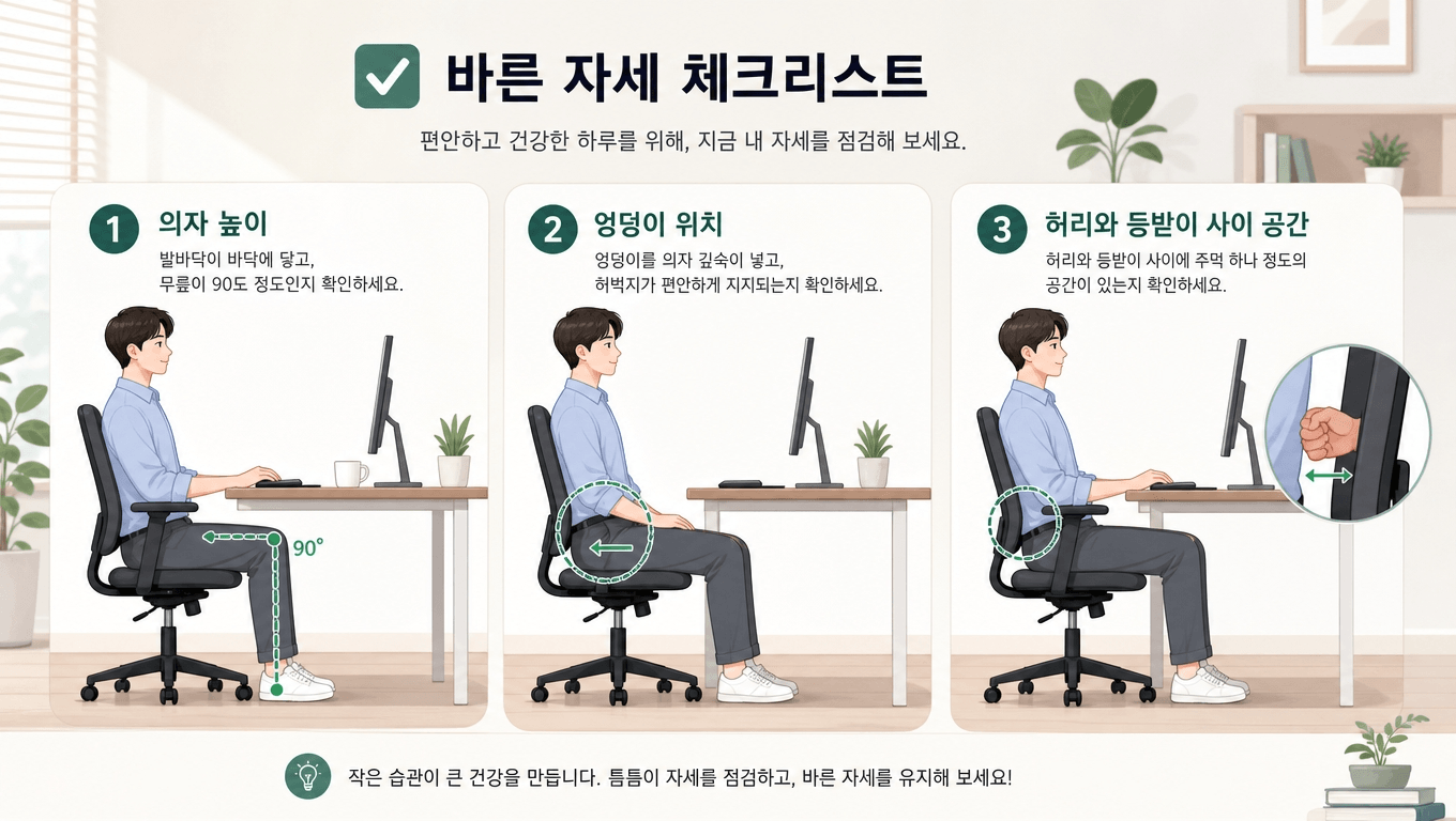 의자 높이와 허리 뒤 공간을 점검하는 자세 체크 일러스트