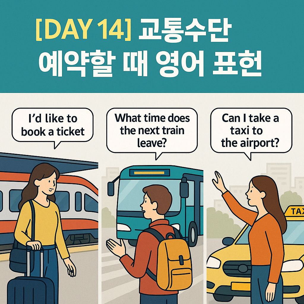 기차표를 예매하는 여성, 버스 앞에서 시간표를 묻는 남성, 공항행 택시를 잡는 여성의 장면으로, 기차&middot;버스&middot;택시 예약 표현을 시각적으로 보여주는 교육용 썸네일 이미지입니다.