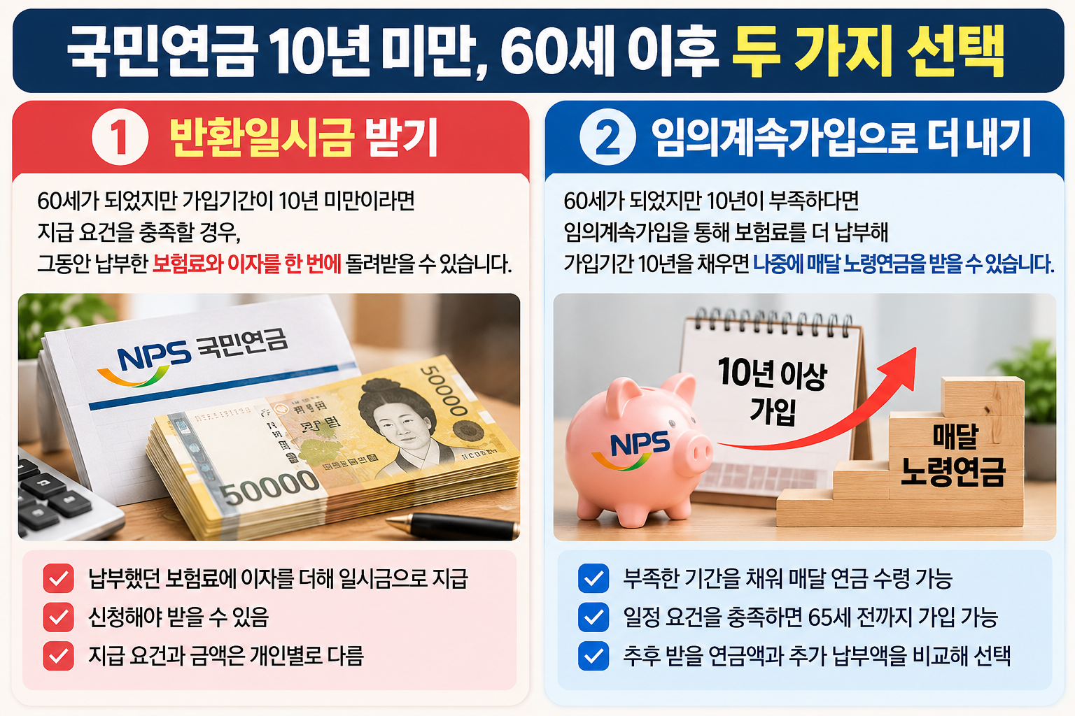 국민연금 10년 미만 가입자가 60세 이후 반환일시금을 받거나 임의계속가입으로 10년을 채우는 방법 비교