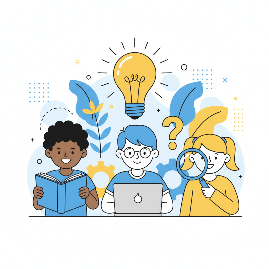 활기찬 일러스트레이션에서 어린 학생들이 배움과 발견에 몰두하고 있다.