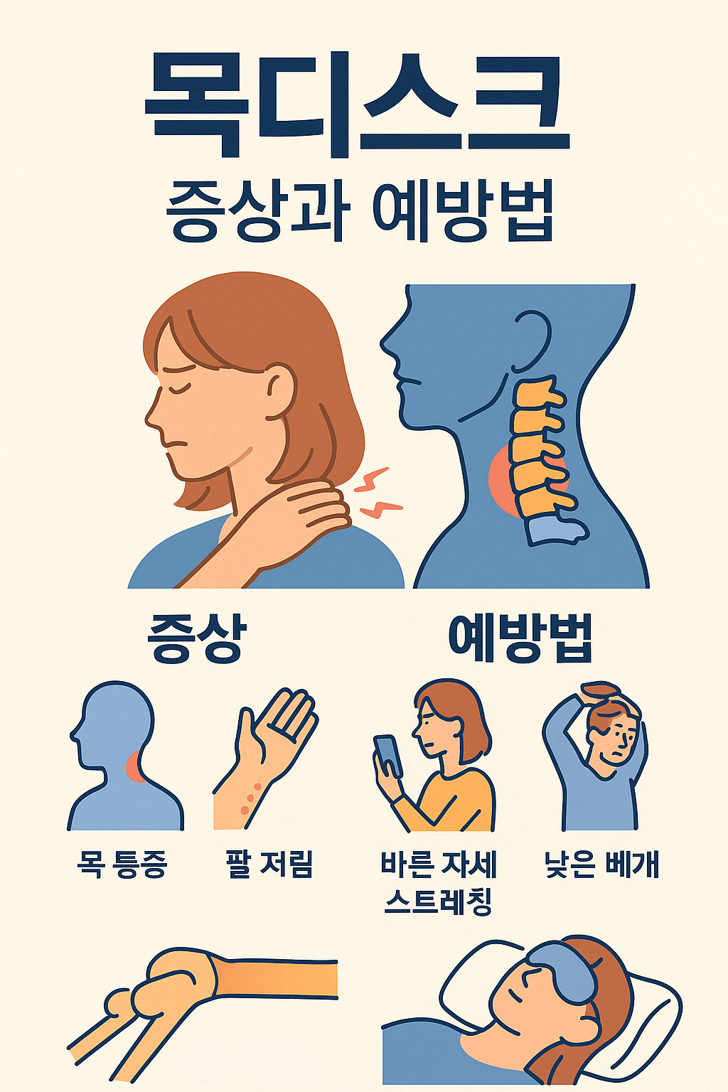 목디스크 증상과 예방법을 그림으로 보기 쉽게 정리한 인포그래픽 이미지