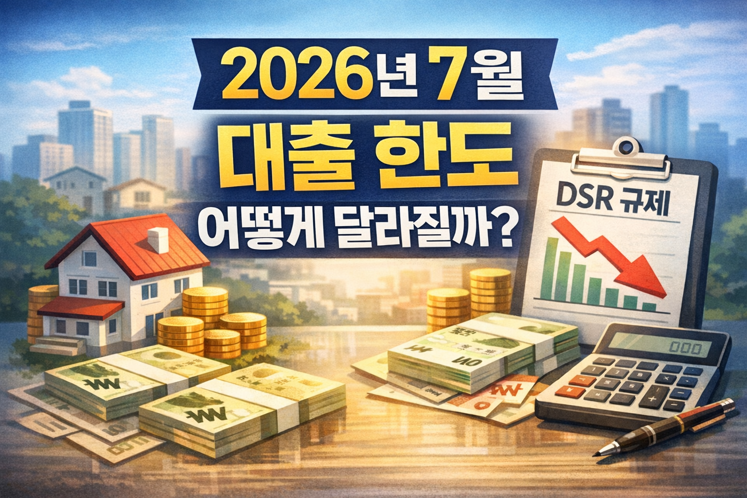 2026년 7월 대출 한도 변화와 스트레스 DSR 규제를 표현한 금융 썸네일 이미지, 집 모형&middot;현금&middot;계산기&middot;DSR 문서가 함께 배치됨