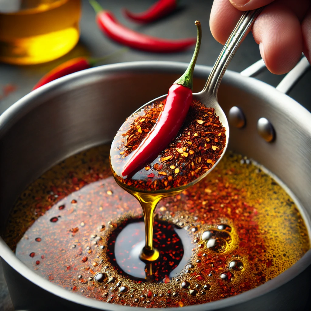 2️⃣ 고춧가루 넣기
✔ 불을 완전히 끄고, 고춧가루 3큰술을 넣습니다.
✔ 기름이 뜨거울 때 넣으면 타버리므로 반드시 불을 끄고 넣어야 해요!
✔ 고춧가루를 담은 스텐용기에 끓는 기름을 부어주는 것이 기름이 타지 않고 더 좋아요. 
✔ 나무젓가락이나 숟가락으로 천천히 섞어줍니다.