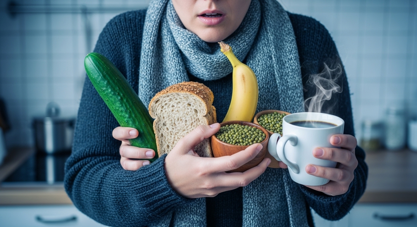 몸을 차갑게 하는 의외의 음식들을 보고 놀란 사람의 모습, 오이, 빵, 바나나, 녹두, 커피가 함께 놓여 건강과 체온 관리에 대한 궁금증을 자아냅니다.