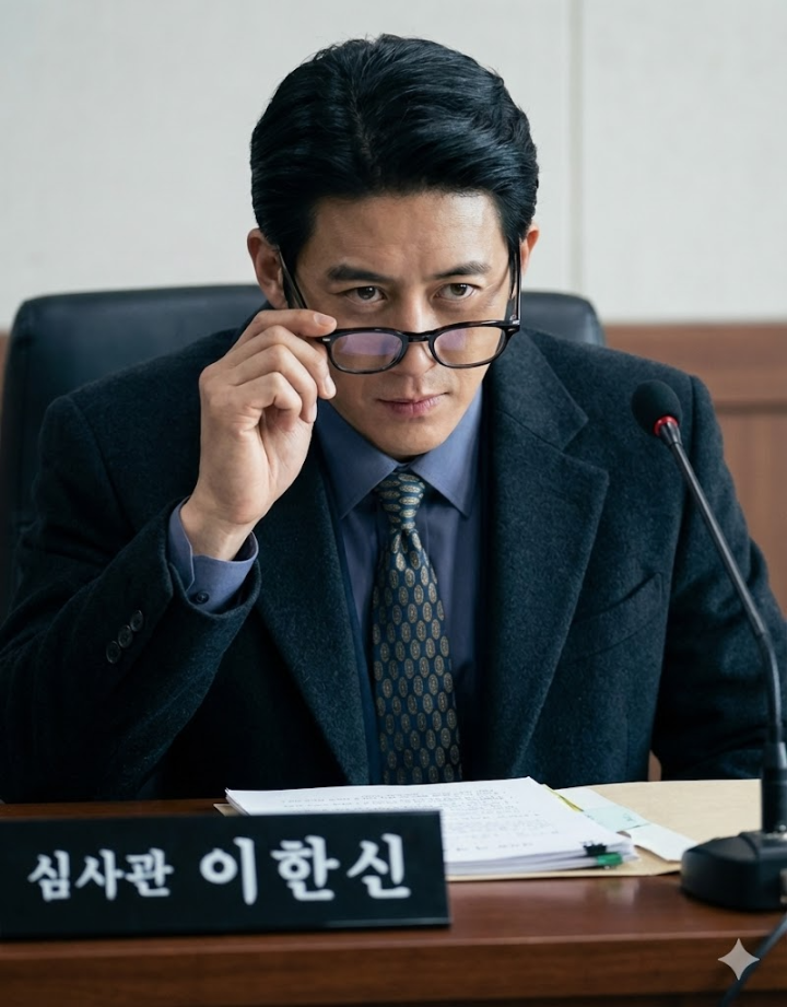 이한신이 심사관석에서 날카로운 눈빛으로 빌런을 응시하는 클로즈업 샷