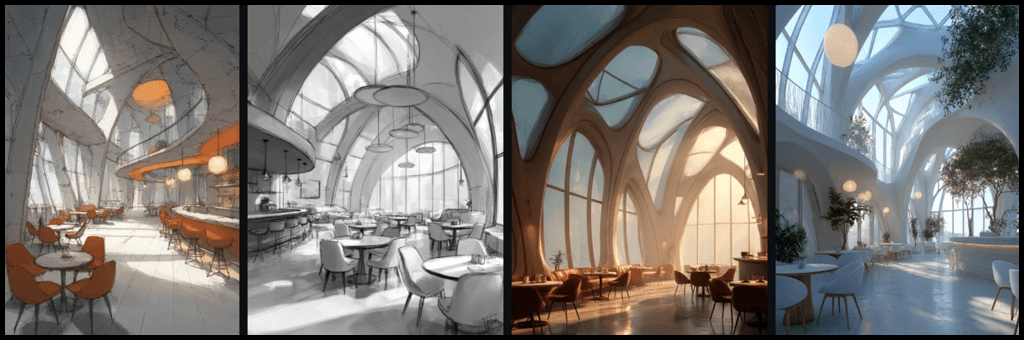 카페 인테리어 콘셉트 드로일 초안 이미지 Midjourney