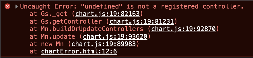 자바스크립트 Chart.js Uncaught Error: "undefined" is not a registered controller 에러 예시코드 화면