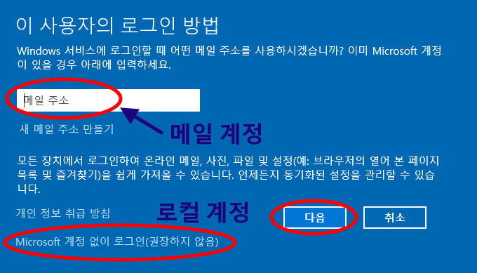 메일 계정 추가 시 메일 주소 입력
로컬 계정 추가 시 &quot;Microsoft 계정 없이 로그인&quot; 선택