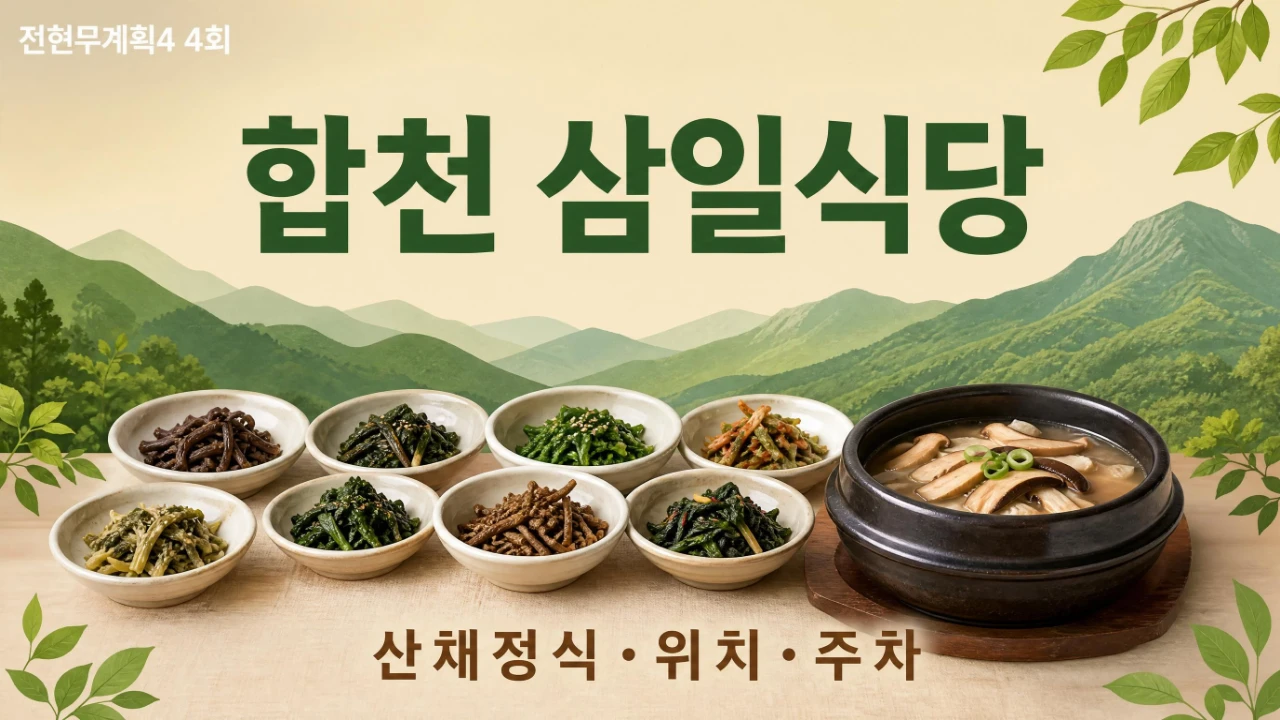 전현무계획4 4회 합천 삼일식당 산채정식과 위치 주차 정보를 안내하는 이미지