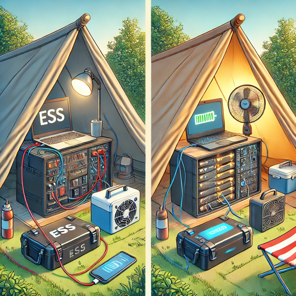 캠핑에서 ESS와 파워뱅크의 실제 사용 차이를 보여주는 비교 장면