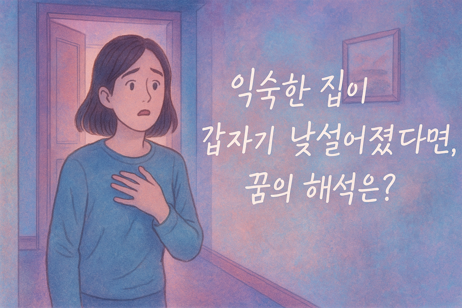 낯선 모습으로 변한 집 내부에서 당황한 표정의 인물이 서 있는 몽환적인 파스텔톤 일러스트