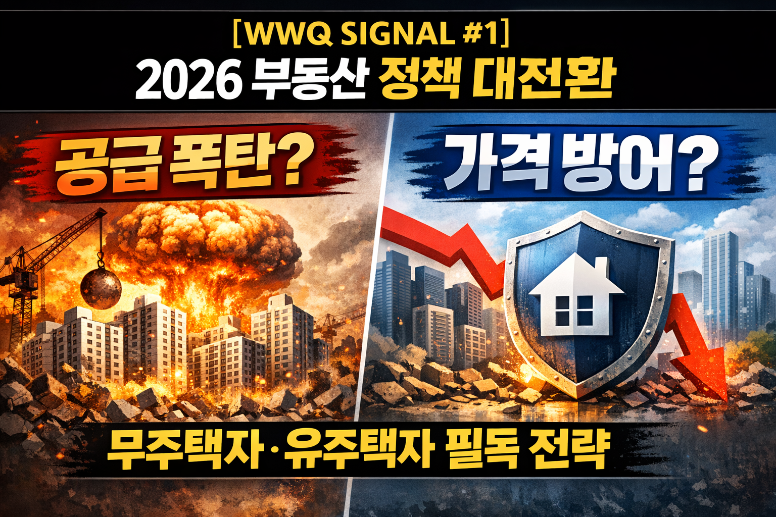 2026년 부동산 정책 대전환을 상징하는 공급 확대와 가격 방어 대비 이미지