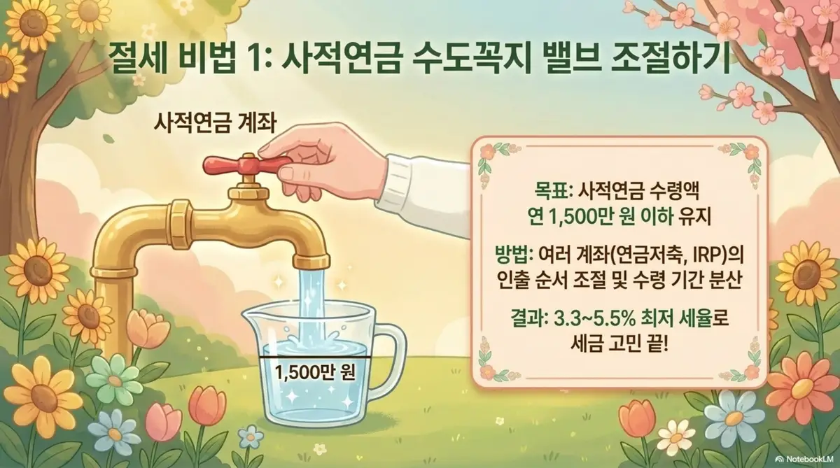 연금소득 종합소득세: 사적연금 수령액을 연 1500만 원 이하로 조절하는 절세 전략을 수도꼭지 비유로 설명하는 이미지. 여러 연금저축과 개인형퇴직연금 계좌의 인출 순서를 조절하면 3.3에서 5.5퍼센트 최저 세율로 세금 부담을 줄일 수 있다는 내용을 전달함