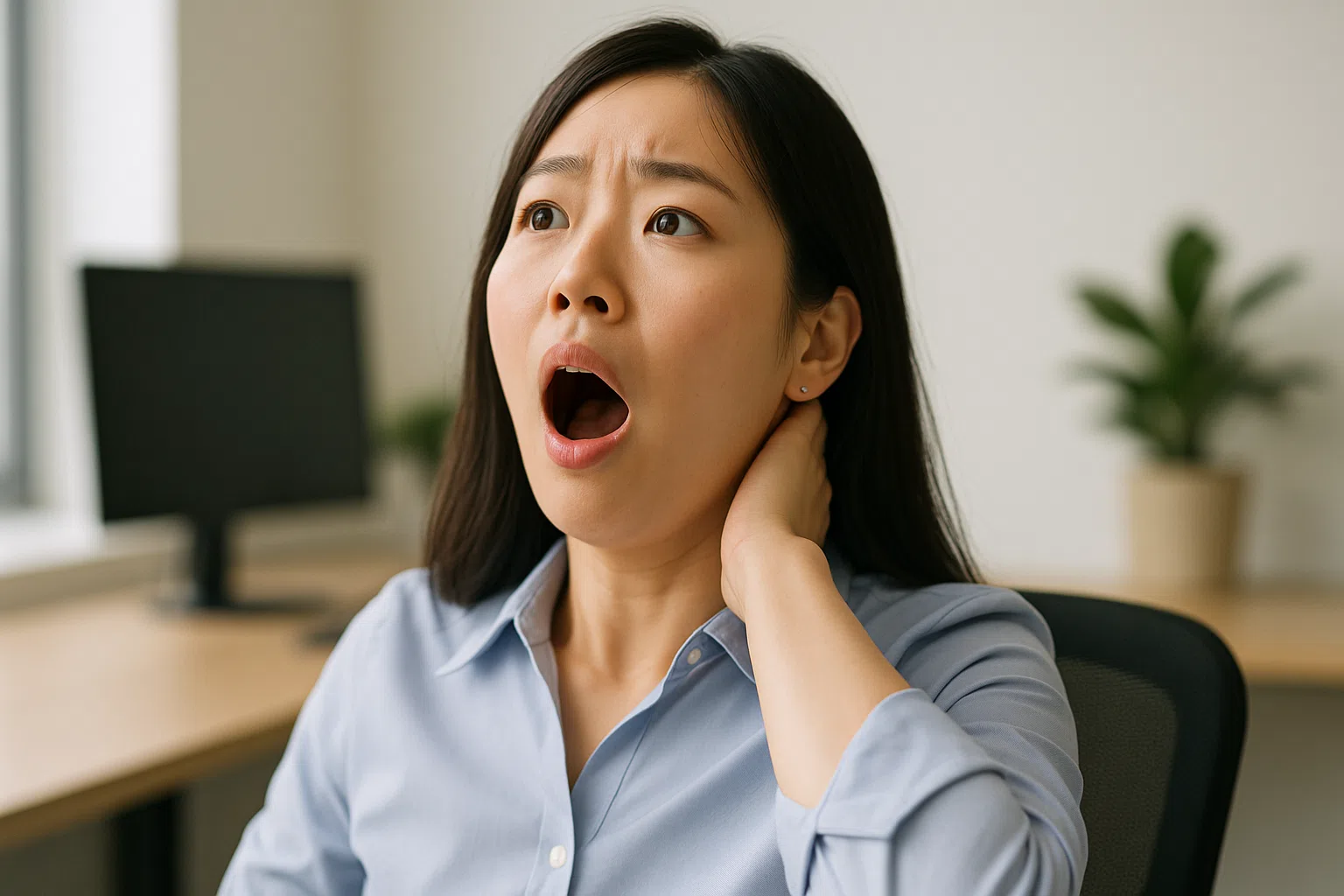 한국인 여성이 의자에 앉아 하품하며 고개를 뒤로 젖히는 순간 목 뒤를 손으로 살짝 짚는 모습