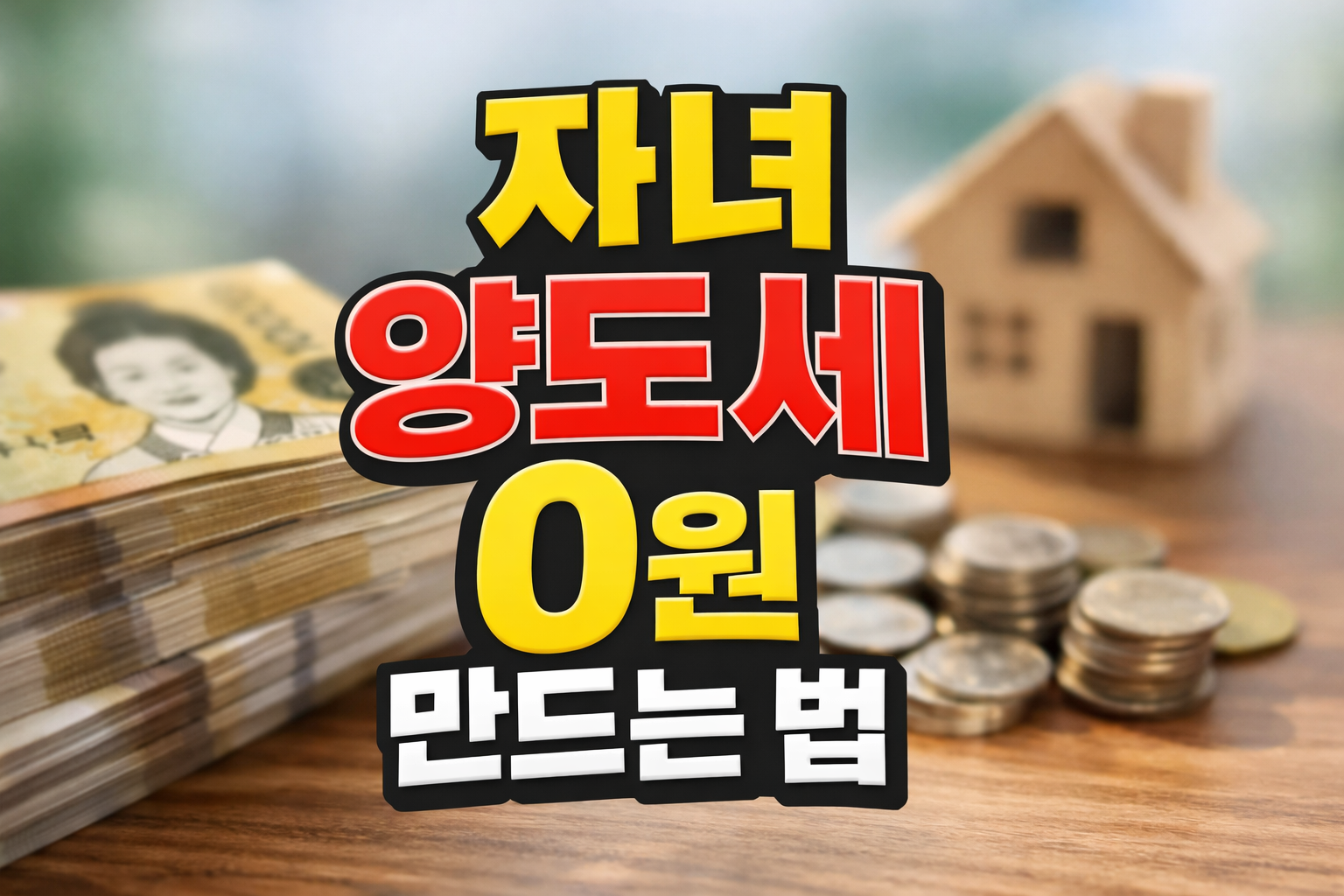 자녀 양도세 0원 만드는 법 텍스트와 현금 다발, 동전, 집 모형이 배경인 증여&middot;절세 관련 이미지