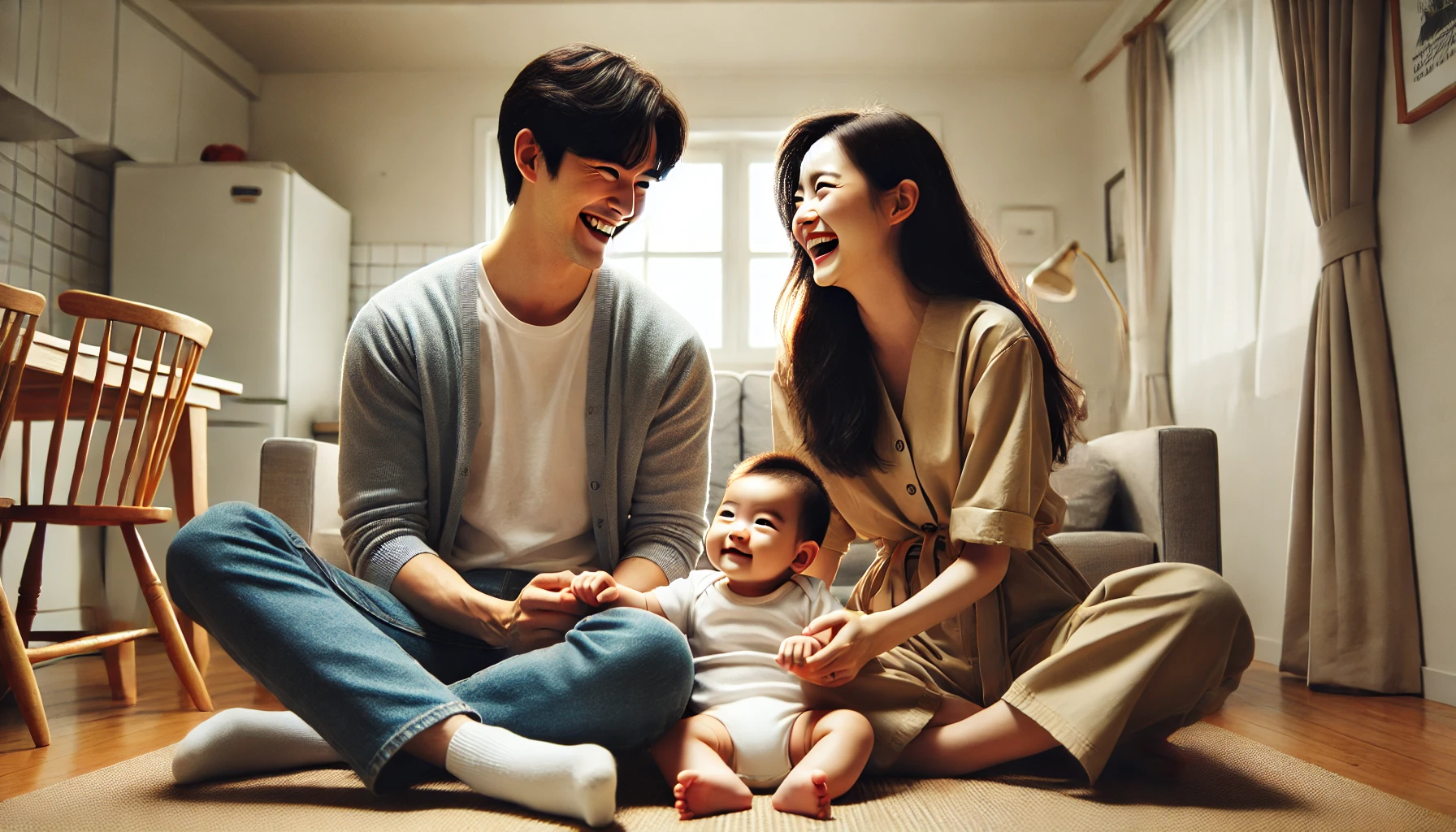 한국,-실내,-아기를-사이에-두고-마주본-30대-엄마-아빠-웃고있는,- 가로사진-05