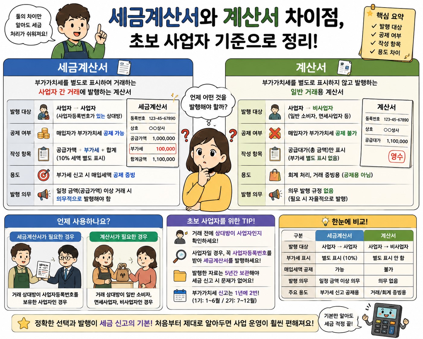 세금계산서와 계산서 차이점 및 부가가치세 포함 여부 요약 인포그래픽