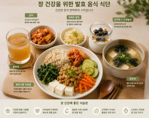 장 건강에 좋은 발효 음식 식단 이미지, 김치&middot;된장국&middot;요거트&middot;낫또가 포함된 건강한 한식 식단 구성