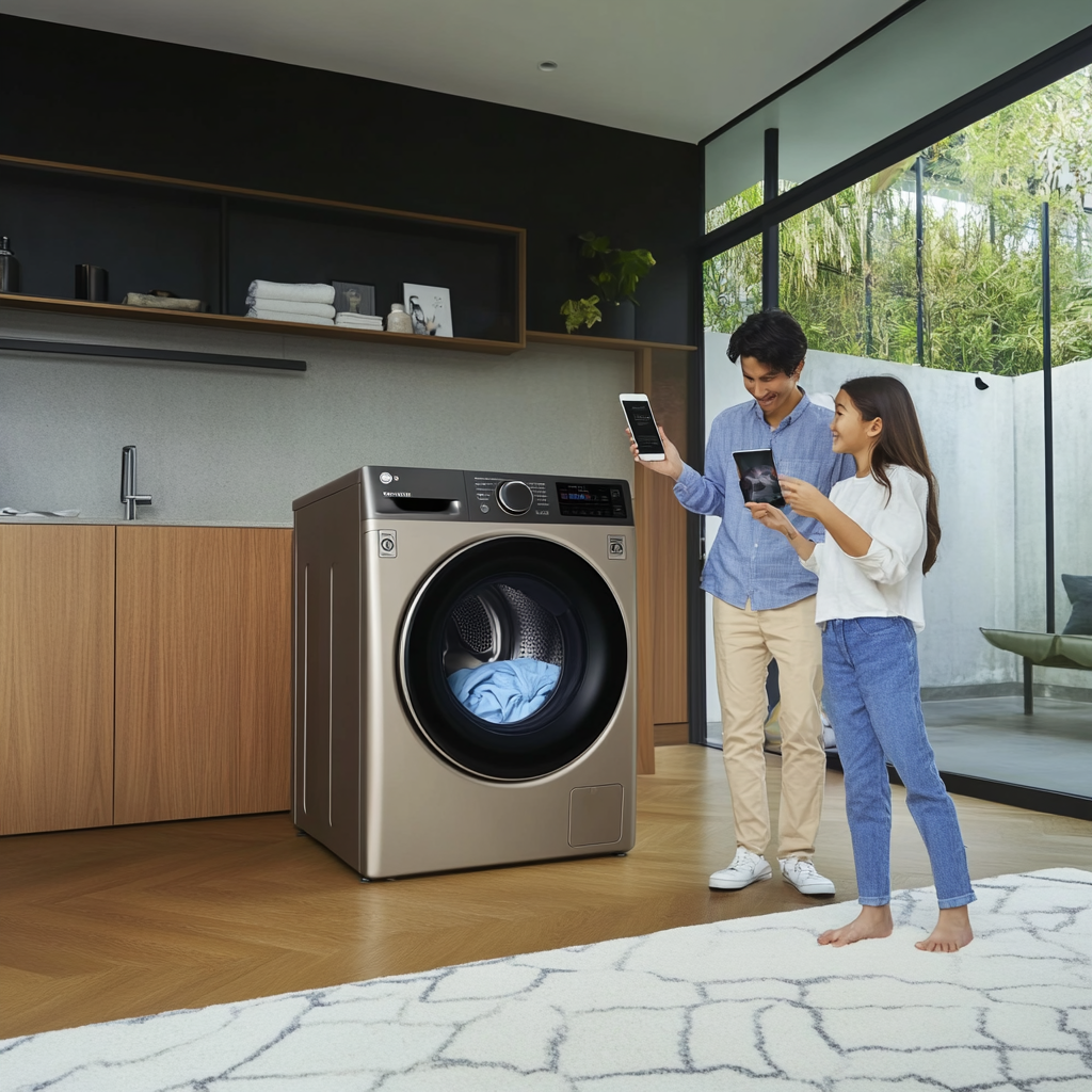 현대적인 주거 환경에서 가족이 스마트폰 앱을 사용하여 LG 오브제 세탁기를 조작하는 장면. 실시간 모니터링 기능을 갖춘 스마트 기능