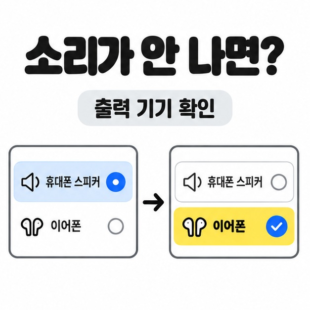 오디오 출력 선택 목록에서 휴대폰 스피커 대신 이어폰을 선택하는 전후 상태를 화살표로 연결한 그림