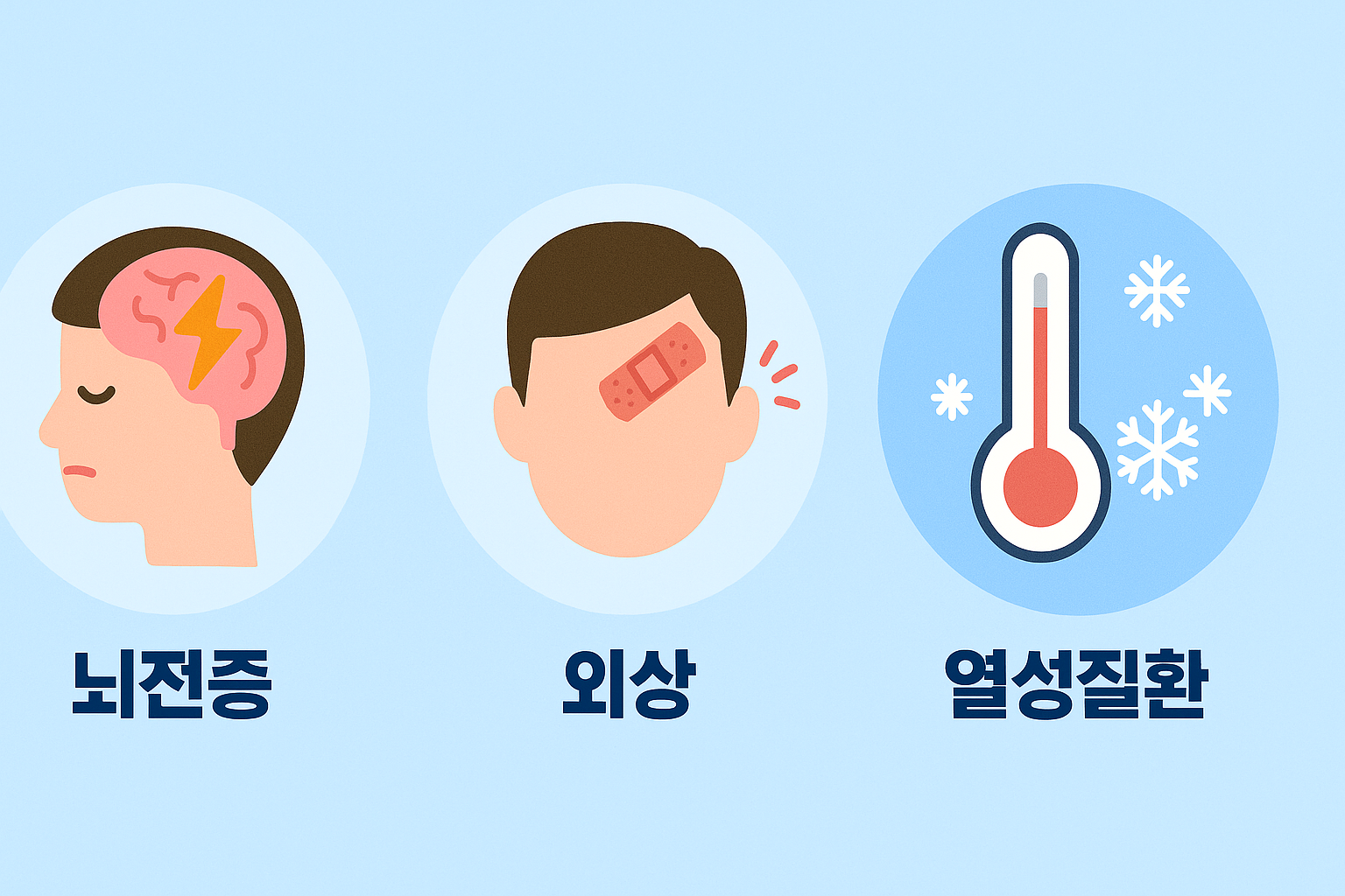 열성경련과 감별이 필요한 연관 질환(뇌전증, 외상, 열성질환)을 나타낸 3분할 일러스트 – 파란 배경 위 직관적인 아이콘 구성
