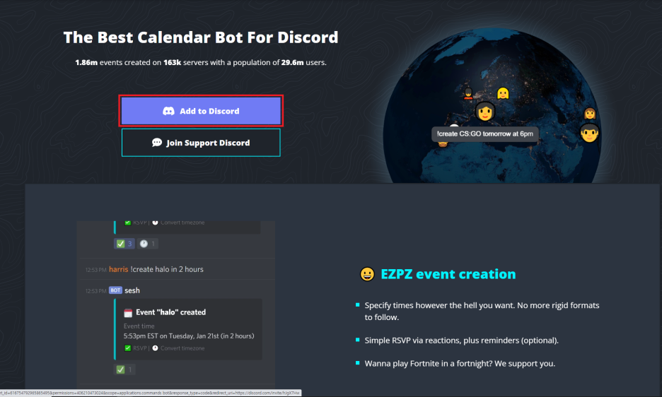 Sesh 봇 디스코드 추가 화면