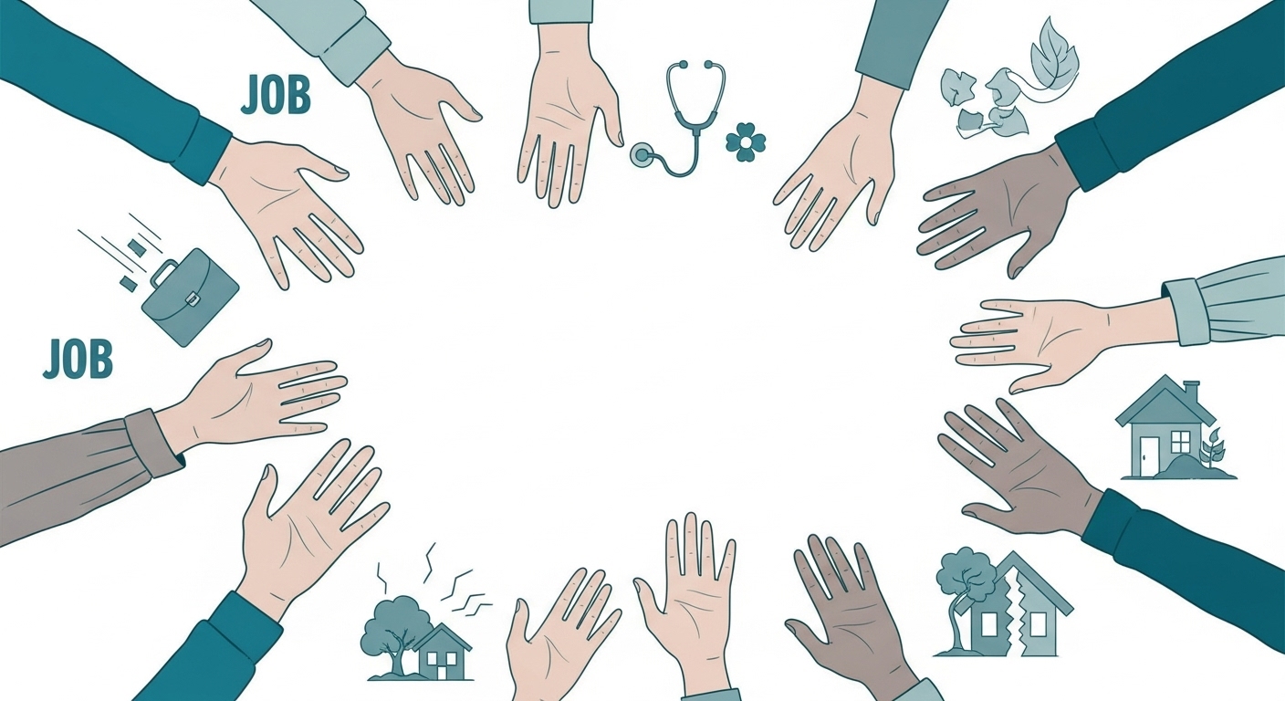 다양한 위기 상황에 처한 사람들이 서로에게 손을 내미는 모습을 상징하는 이미지.